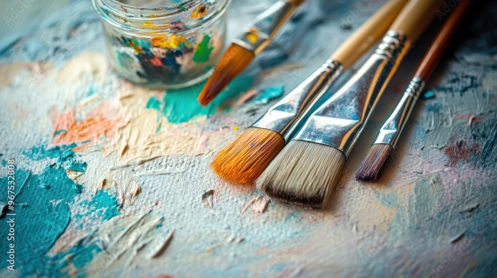 Fototapeta premium Paintbrushes on a Canvas with Palette Knife