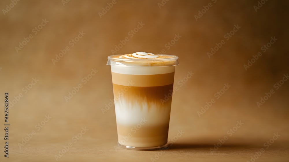 A latte in a clear plastic cup with lid, creamy light brown color, visible layers of espresso and steamed milk, soft focus, clean background, product photography. A latte in a clear plastic cup with lid, creamy light brown color, visible layers of espresso and steamed milk, soft focus, clean background, product photography.