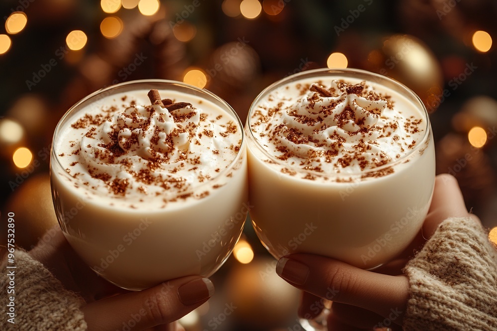 girl's hands toasting with two glasses of eggnog with whipped cream, cinnamon. girl's hands toasting with two glasses of eggnog with whipped cream, cinnamon.