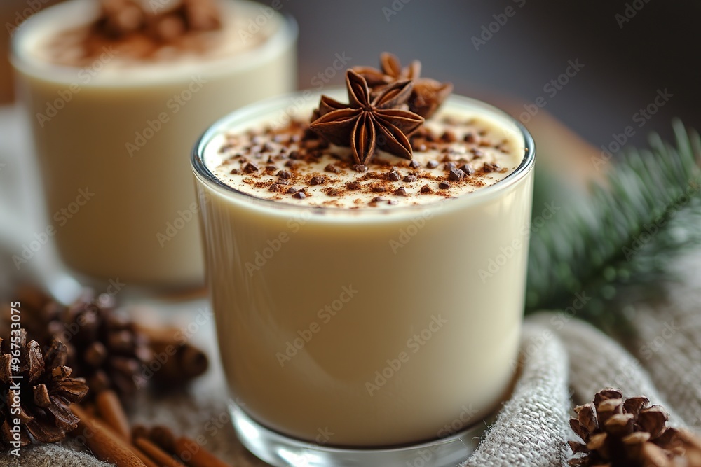 glass of eggnog with cinnamon and star anise, resting on a countertop. glass of eggnog with cinnamon and star anise, resting on a countertop.