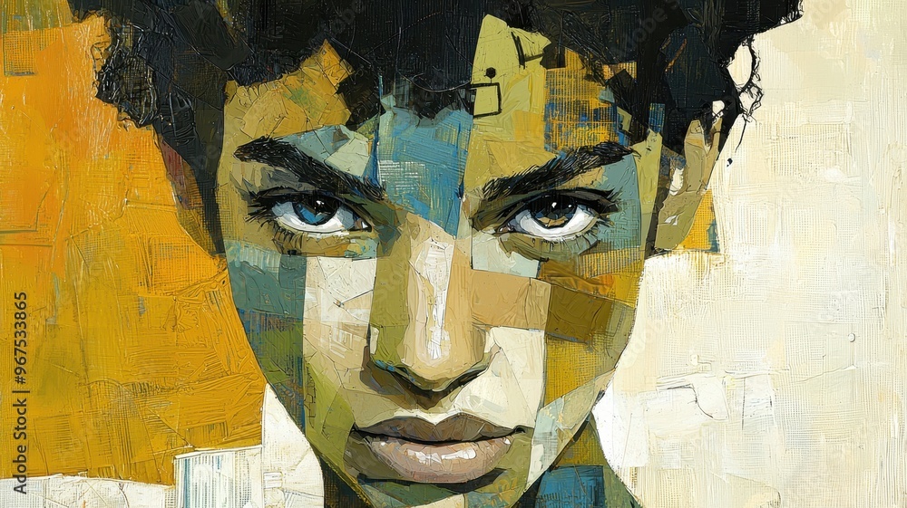 Fototapeta premium A striking portrait showcasing bold colors and abstract patterns, emphasizing emotion and strength in expressive brushwork.