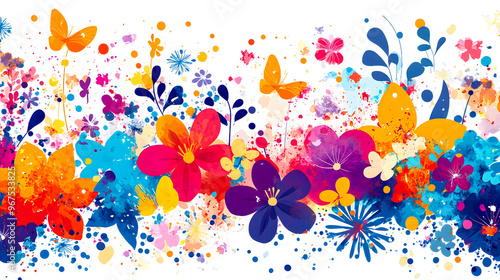 Colorful floral pattern with vibrant butterflies and artistic splashes isolated on transparent background