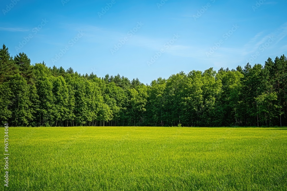 Serene Green Field with Forest Edge - Tranquil Summer Landscape Serene Green Field with Forest Edge - Tranquil Summer Landscape
