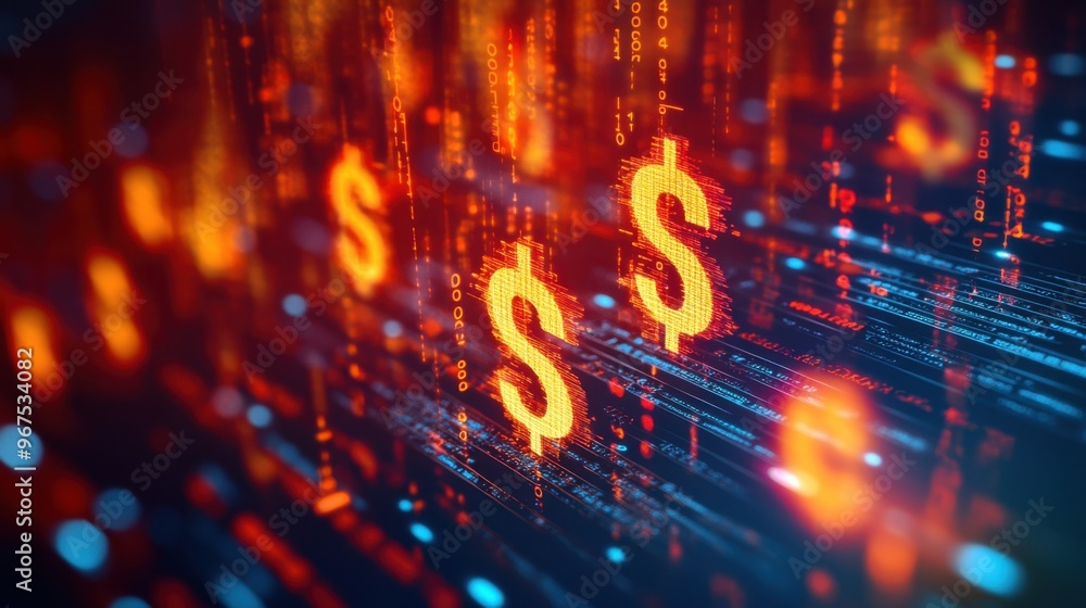 A conceptual image of Thai baht symbols flowing through a digital network, representing A conceptual image of Thai baht symbols flowing through a digital network, representing
