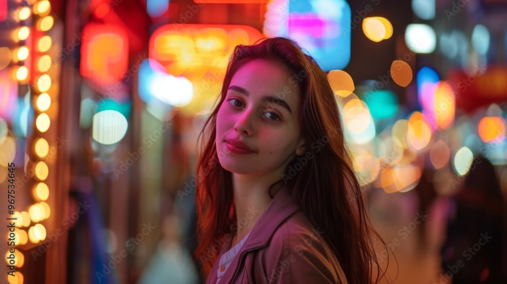 A young woman smiles in a vibrant city at night, with colorful lights illuminating her face and creating a lively atmosphere. A young woman smiles in a vibrant city at night, with colorful lights illuminating her face and creating a lively atmosphere.