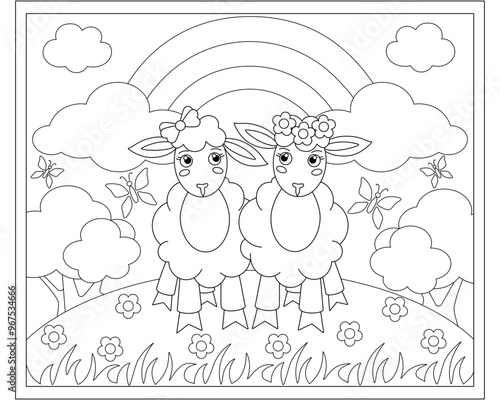 Two Sheep girlfriends in a meadow against the backdrop of a rainbow and clouds - a vector linear picture for coloring. Outline. Cute sheep on the background of the landscape. Trees, bushes and grass