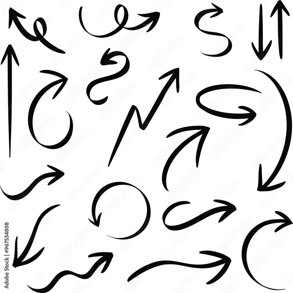 Set of black arrows icons. Hand drawn arrow vector icons collection. Doodle sketch arrow design for business plan and education. Set of black arrows icons. Hand drawn arrow vector icons collection. Doodle sketch arrow design for business plan and education.