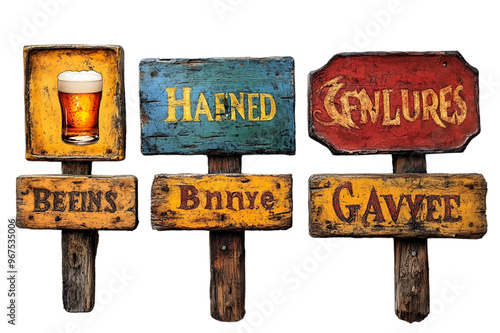 A collection of wooden signs displaying various beverages, including beer and cider, arranged in an inviting manner.