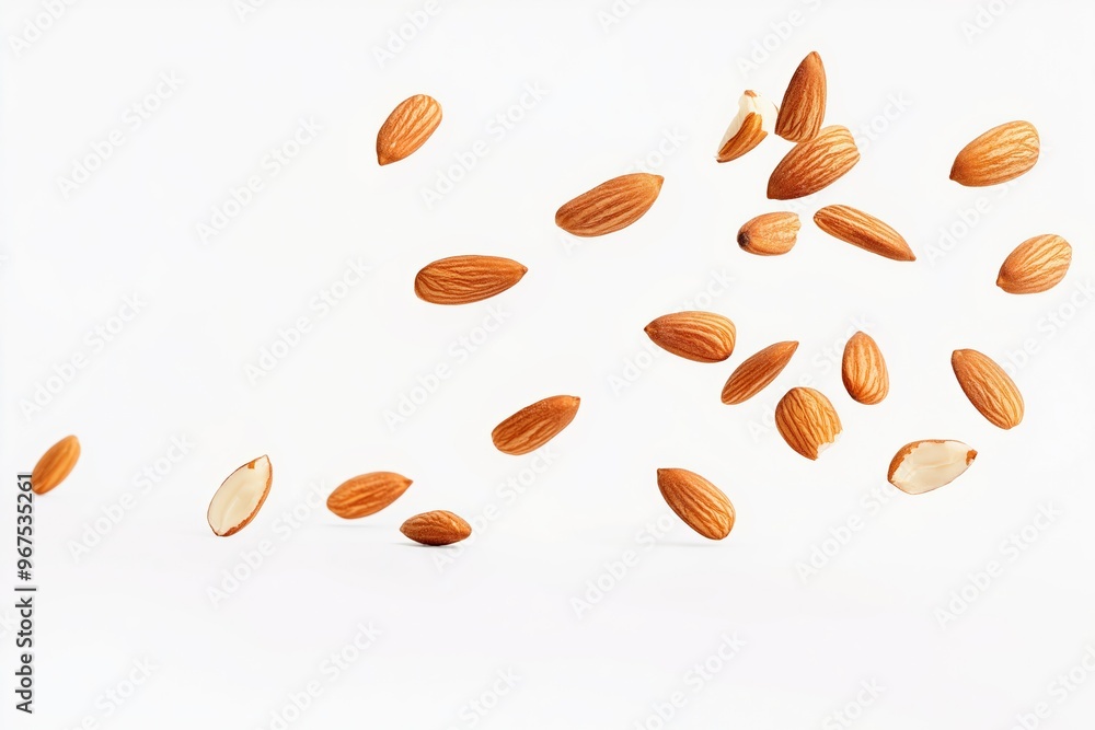 Almonds falling on white background