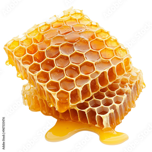 A close-up of honeycomb dripping with fresh golden honey