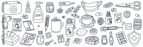 set of items for the treatment of colds. Contour medications for emergency care in case of illness. Linear items tablets, ampoules, syringe, powder, thermometer, soap, antiseptic. first signs of a col