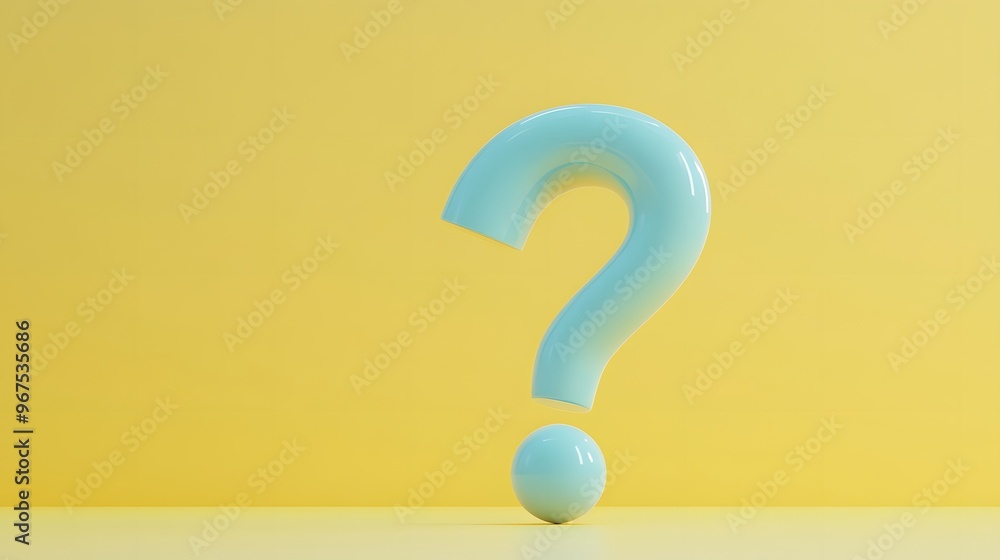 Blue 3D question mark, pastel yellow background, minimalist design, geometric shape, soft shadows, clean aesthetic, vibrant colors, abstract concept, curiosity symbol. Blue 3D question mark, pastel yellow background, minimalist design, geometric shape, soft shadows, clean aesthetic, vibrant colors, abstract concept, curiosity symbol.