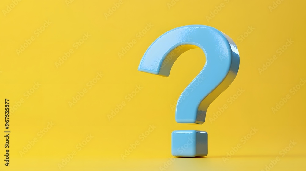 Blue 3D question mark, pastel yellow background, minimalist design, geometric shape, soft shadows, clean aesthetic, vibrant colors, abstract concept, curiosity symbol. Blue 3D question mark, pastel yellow background, minimalist design, geometric shape, soft shadows, clean aesthetic, vibrant colors, abstract concept, curiosity symbol.