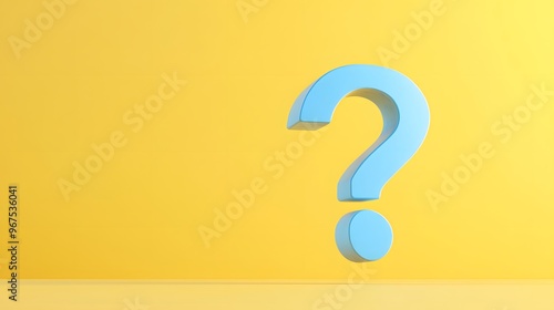 Blue 3D question mark, pastel yellow background, minimalist design, geometric shape, soft shadows, clean aesthetic, vibrant colors, abstract concept, curiosity symbol.