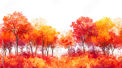 Vibrant autumn forest with colorful foliage in warm sunlight isolated on transparent background