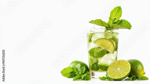 Wallpaper Mural Refreshing mojito cocktail with mint and lime, featuring vibrant green mint leaves and juicy lime slices, perfect for summer day. Enjoy this delightful drink!  Torontodigital.ca