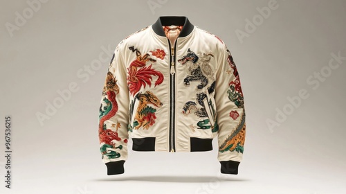 White Bomber Jacket with Embroidered Dragon Motifs photo