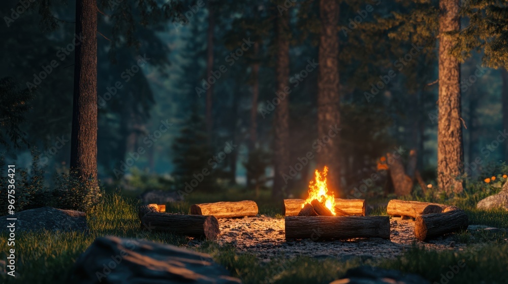 A cozy bonfire in a forest clearing, with logs arranged around it for seating and the fire A cozy bonfire in a forest clearing, with logs arranged around it for seating and the fire