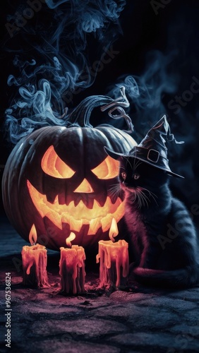 Vertical Halloween scene: a black cat wearing a witch hat sits beside a smoking Jack O'Lantern pumpkin and glowing candles, all set against a dark background, creating a spooky atmosphere. photo