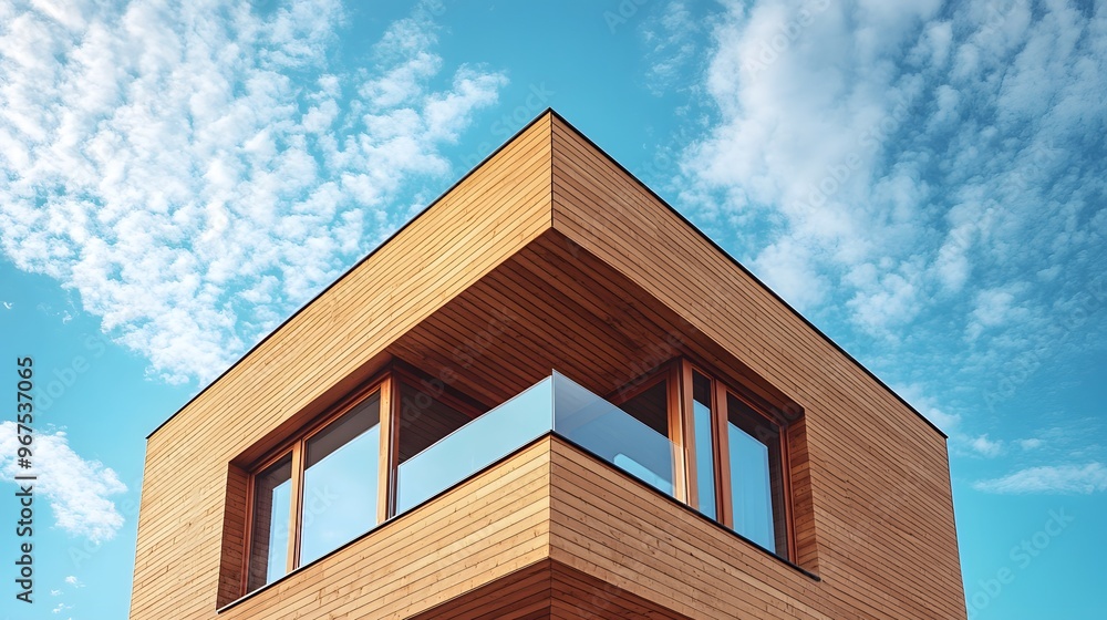 Brown wooden house, eco-friendly architecture, timber construction, overhanging roof, modern cabin design, blue sky background, cirrocumulus clouds, sustainable living. Brown wooden house, eco-friendly architecture, timber construction, overhanging roof, modern cabin design, blue sky background, cirrocumulus clouds, sustainable living.
