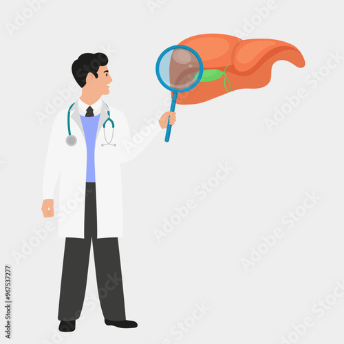 Biliary dyskinesia, hepatitis or cirrhosis of the liver is a gastroenterological disease. Gastroenterologist with a magnifying glass, diagnosing the liver and gall bladder. Flat vector illustration.
