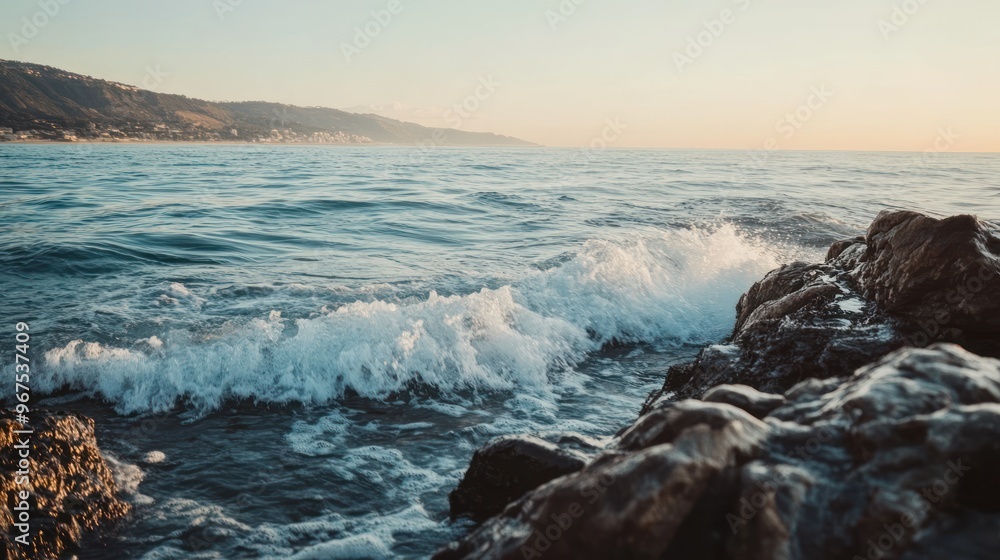 Fototapeta premium Ocean waves crashing on rocky shore with mountain backdrop
