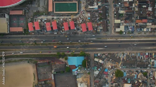 Aerial view of busy Western Avenue Road with dense urban buildings and traffic, Surulere, Nigeria. photo