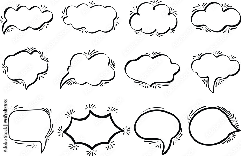 Collection of doodle comic speech bubbles with splash effect. Hand drawn speech clouds, balloons chat retro cartoon stickers. Pop art, outline Vector illustration. Collection of doodle comic speech bubbles with splash effect. Hand drawn speech clouds, balloons chat retro cartoon stickers. Pop art, outline Vector illustration.