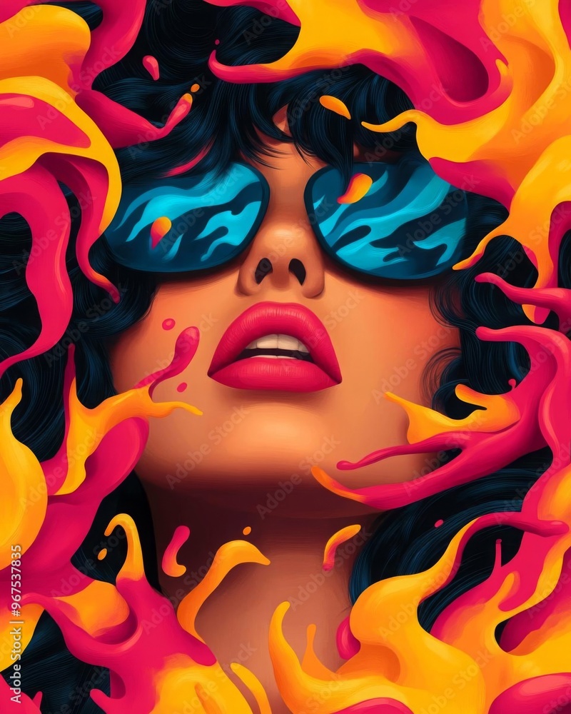 Vibrant portrait of a woman with bold lips and sunglasses, surrounded by swirling flames, embodying passion and intensity. Vibrant portrait of a woman with bold lips and sunglasses, surrounded by swirling flames, embodying passion and intensity.