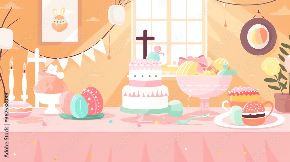 Fototapeta premium Easter brunch, Easter bonnet, pastel colors, religious symbols, cute crosses, flat design illustration