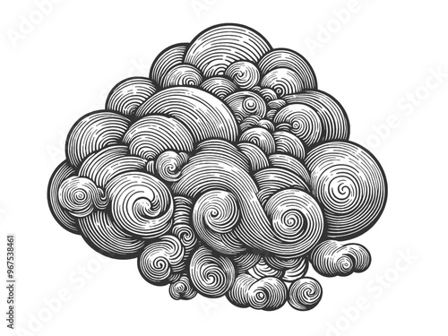 Cloud swirling, stylized cloud design with circular patterns, creating a dynamic, abstract look sketch engraving generative ai vector illustration. Scratch board imitation. Black and white image.