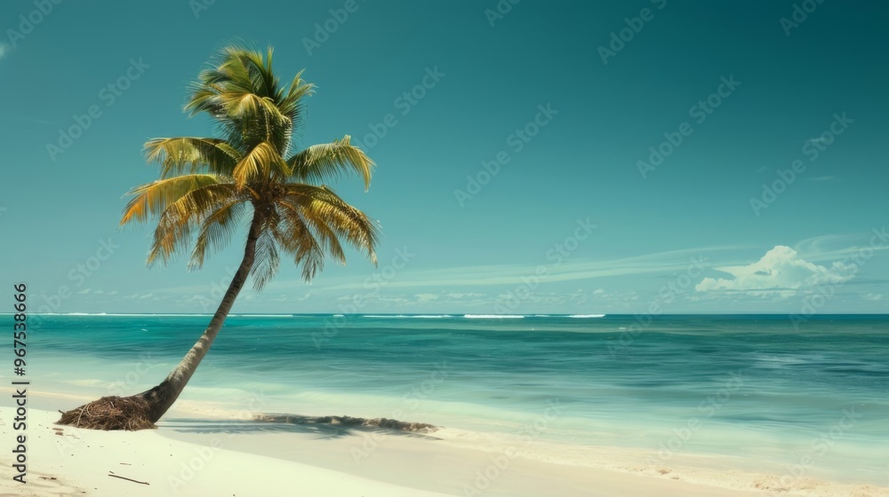 Obraz premium A Sunny Beach Scene with a Leaning Palm Tree and Clear Blue Water
