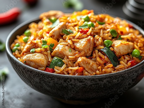 Delicious Chinese Stir-Fried Rice with Mixed Vegetables and Grilled Chicken, Served in a Bowl on a Moody Black Background. Close-up of an Appetizing Asian Meal with Vibrant Ingredients