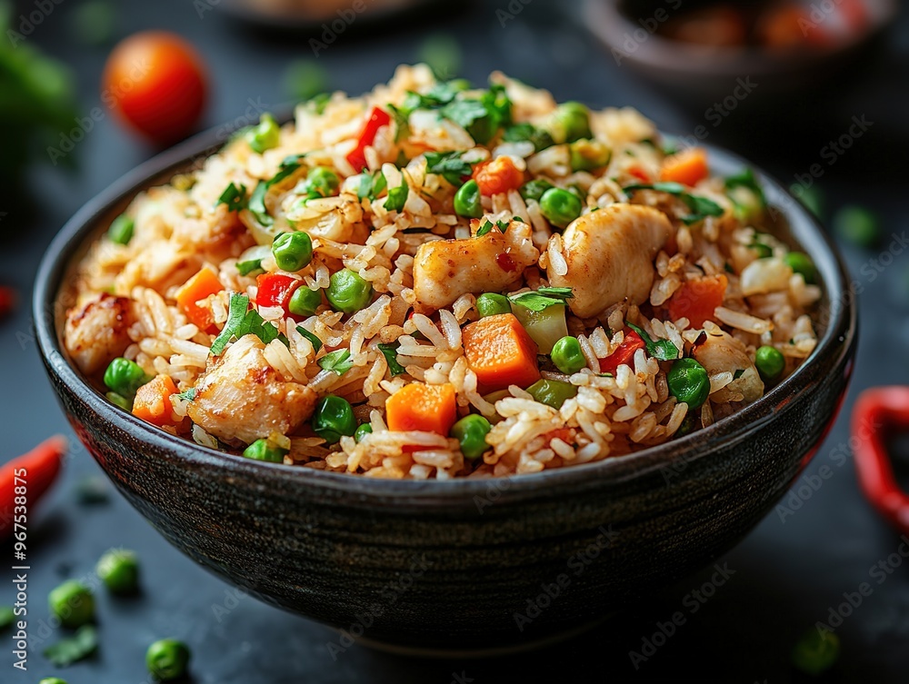 Delicious Chinese Stir-Fried Rice with Mixed Vegetables and Grilled Chicken, Served in a Bowl on a Moody Black Background. Close-up of an Appetizing Asian Meal with Vibrant Ingredients Delicious Chinese Stir-Fried Rice with Mixed Vegetables and Grilled Chicken, Served in a Bowl on a Moody Black Background. Close-up of an Appetizing Asian Meal with Vibrant Ingredients
