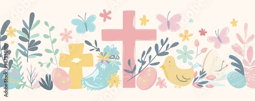 Cute crosses, religious symbols, Easter bonnet, Easter brunch, pastel colors, flat design illustration