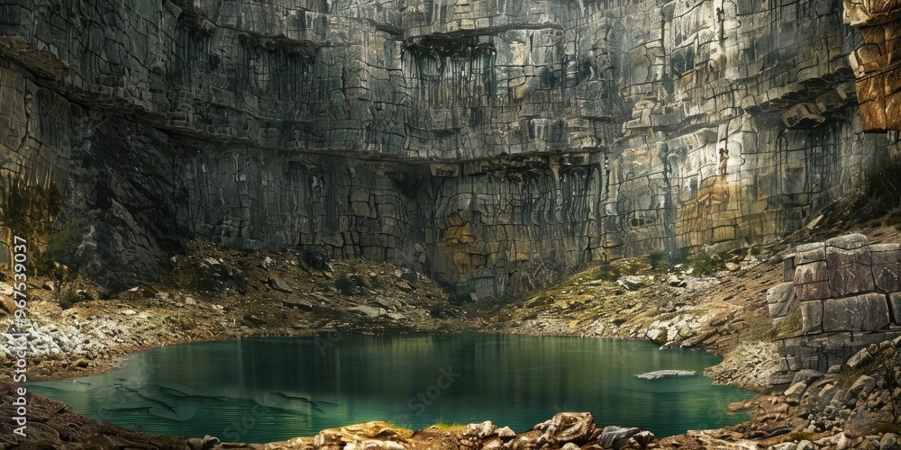 Fototapeta premium Formation of Karst sinkhole above previous limestone quarry with a diameter of approximately 4 5 5 meters and a depth ranging from 13 18 meters Ongoing formation causing a slow expansion of