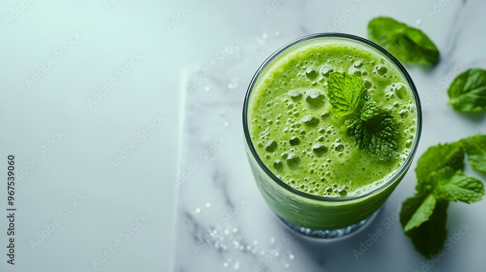 Green smoothie in glass, white marble countertop, mint leaves, refreshing drink, condensation droplets, bright lighting, clear glass, healthy beverage, food photography. Green smoothie in glass, white marble countertop, mint leaves, refreshing drink, condensation droplets, bright lighting, clear glass, healthy beverage, food photography.