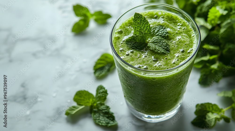 Green smoothie in glass, white marble countertop, mint leaves, refreshing drink, condensation droplets, bright lighting, clear glass, healthy beverage, food photography. Green smoothie in glass, white marble countertop, mint leaves, refreshing drink, condensation droplets, bright lighting, clear glass, healthy beverage, food photography.