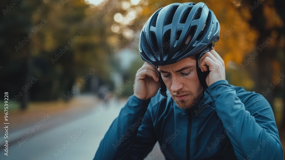 A cyclist putting on a helmet and adjusting it securely before a ride, focusing on road A cyclist putting on a helmet and adjusting it securely before a ride, focusing on road