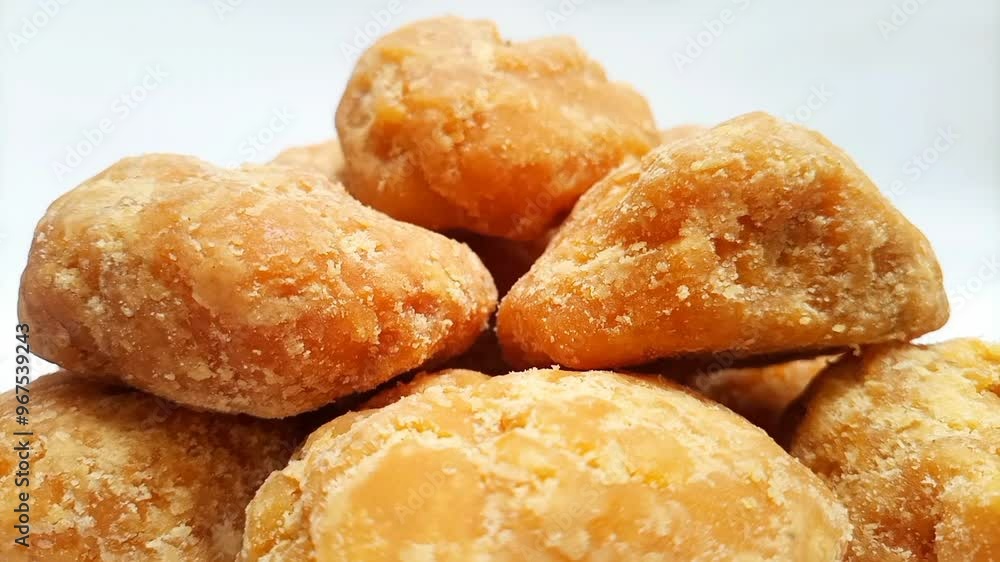 Micro shot of Jaggery or Gur pieces rotating on white background. Organic brown cane sugar pieces isolated Micro shot of Jaggery or Gur pieces rotating on white background. Organic brown cane sugar pieces isolated