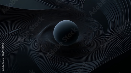 Abstract and minimal curved elliptical lines and a 3d sphere in the middle on a back background.