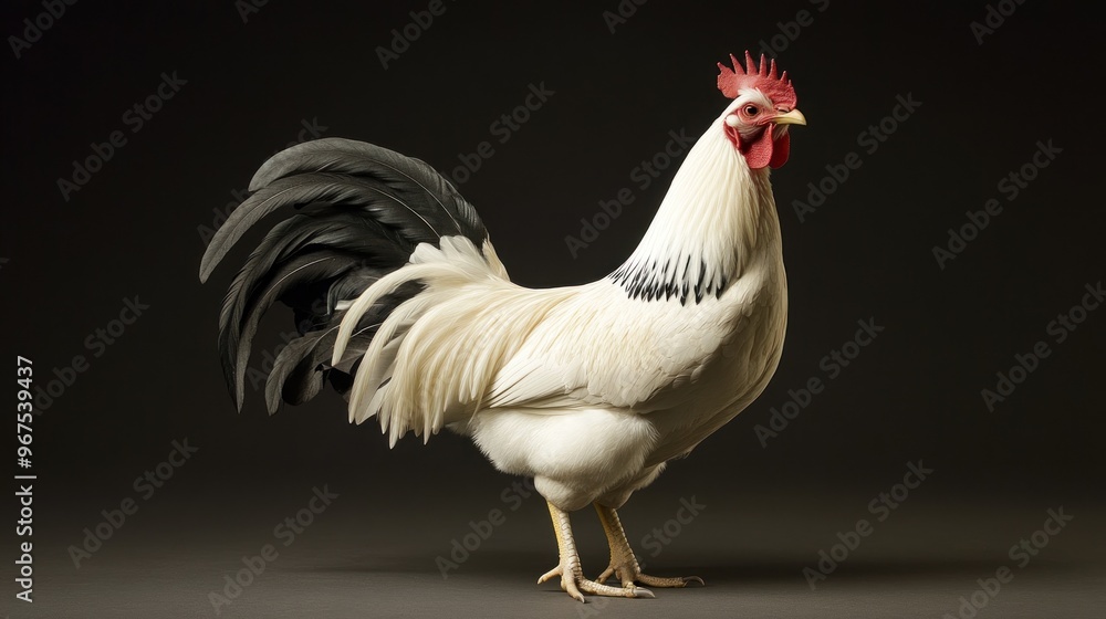 Fototapeta premium White Rooster with Black Tail Feathers