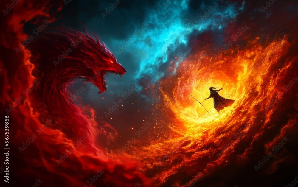 An epic battle between a sorcerer and a dragon in a vibrant cosmic setting, showcasing magic and myth in stunning colors. An epic battle between a sorcerer and a dragon in a vibrant cosmic setting, showcasing magic and myth in stunning colors.