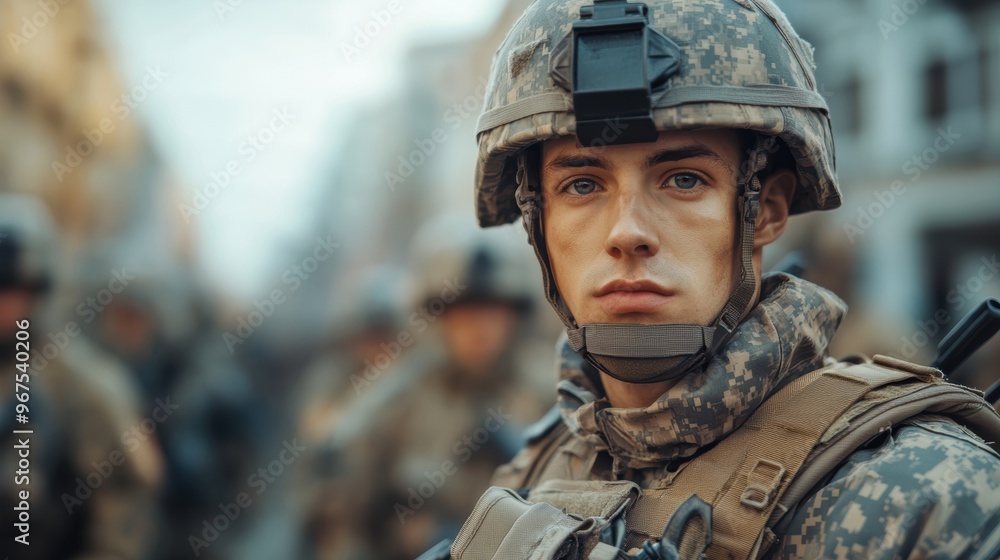 Close-up portrait of a young soldier in camouflage gear with blurred military unit in background. Close-up portrait of a young soldier in camouflage gear with blurred military unit in background.