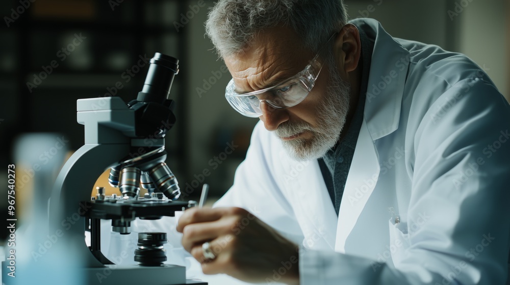 A scientist examines a specimen under a microscope in a modern laboratory during the afternoon A scientist examines a specimen under a microscope in a modern laboratory during the afternoon