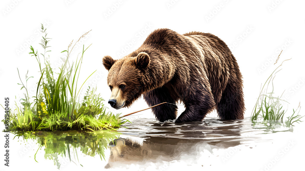 Obraz premium A brown bear wading through shallow water while foraging for food isolated on transparent background