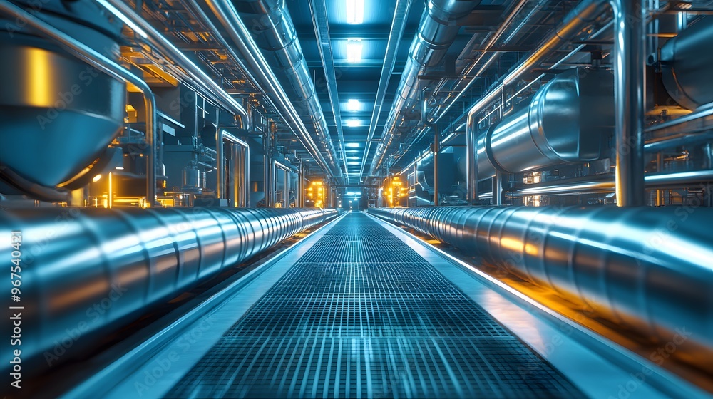 Fototapeta premium Industrial pipelines, bright lighting, metallic tubes, factory interior, complex machinery, symmetrical composition, depth of field, polished steel, industrial engineering.