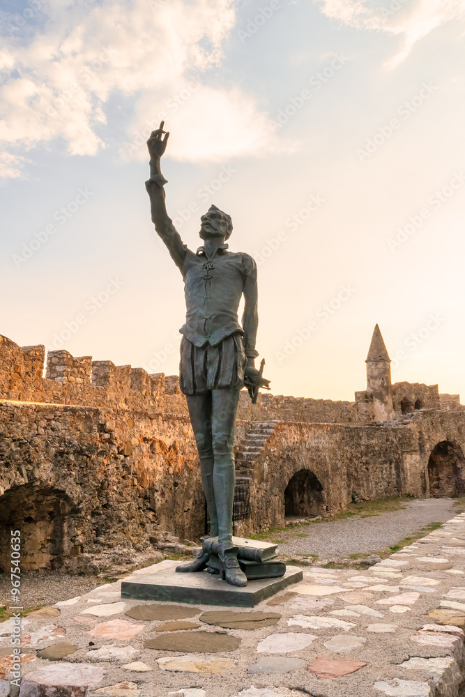 Fototapeta premium Cervantes statue in Nafpaktos in Greece. A famous touristic destination. 