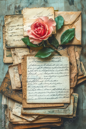 An old-fashioned love letter, scattered on the table with envelopes and vintage flowers.