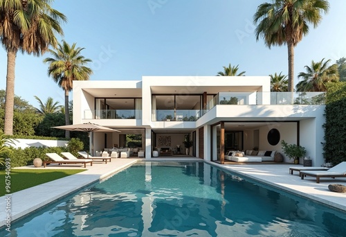 Exterior of amazing modern minimalist cubic villa with large swimming pool among palm tree